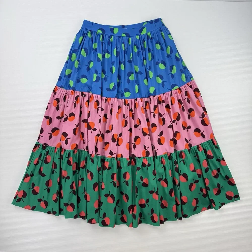 Kate Spade New York Skirt Size 10 Fruit Print Tiered Cotton Maxi Colorblock